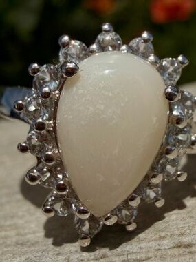 Brilliant White Opal & Blue Topaz Ring | 14K White Gold Plated|Size 8